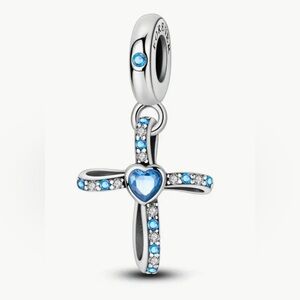 Silver & Blue Sparkle Dangle Cross Charm For Pandora Braclets